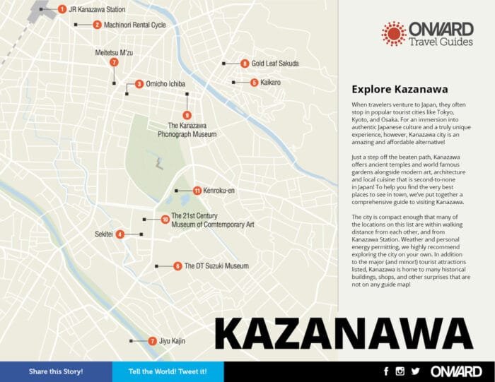 Mapa turístico de Kanazawa con puntos de interés cultural, diseñado por Comhit, una agencia de branding con sede en París.