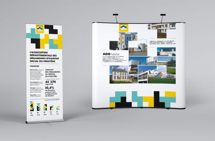 Stand display and roll-up for ADO Habitat by Comhit, Paris, highlighting graphic design and visual communication.