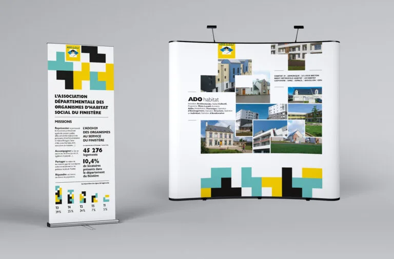 Stand display and roll-up for ADO Habitat by Comhit, Paris, highlighting graphic design and visual communication.