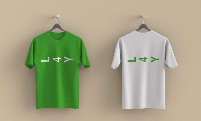 Camisetas verdes y blancas con diseño gráfico L4Y, proyecto creativo de marca de la agencia Comhit de París.
