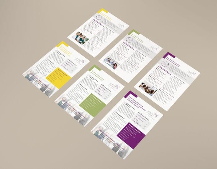Conception de brochures colorées par Comhit Paris, présentant une communication visuelle efficace pour l'identité de marque.