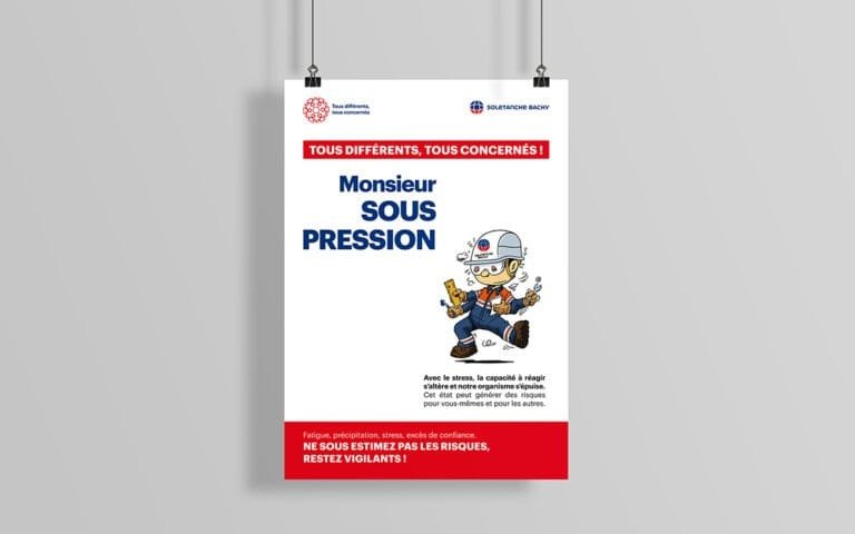 Parisli marka ajansı Comhit tarafından üretilen işyeri önleme posteri, illüstrasyonlu modern tasarım.
