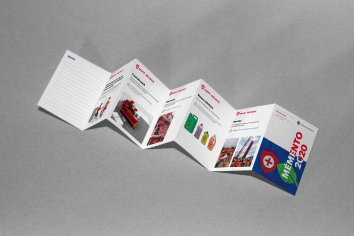 Folleto de diseño para la salud y la seguridad, creado por Comhit, una agencia de branding de París, que combina diseño gráfico y comunicación visual.