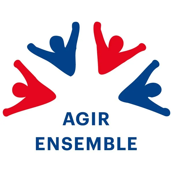 Logo dynamique de Comhit, Paris : figures rouges et bleues symbolisant la coopération avec le texte Agir Ensemble.