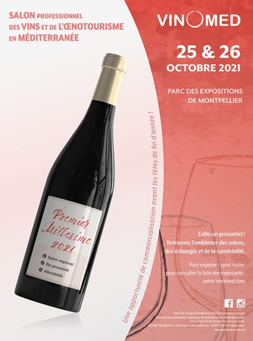 Vinomed 2021 posteri, şarap ticaret fuarı, Comhit tasarımı, Paris, bir şişe şarap.