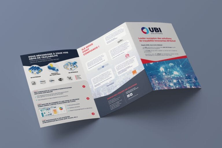 Brochure de conception graphique professionnelle, réalisée par Comhit, agence de branding à Paris, pour UBI Solutions.