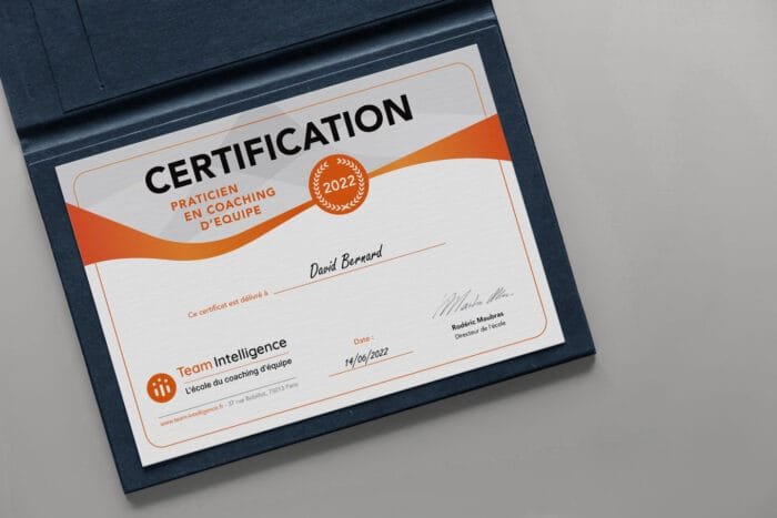 Coaching certificate with modern design by Comhit, a Paris-based branding agency, for Team Intelligence.