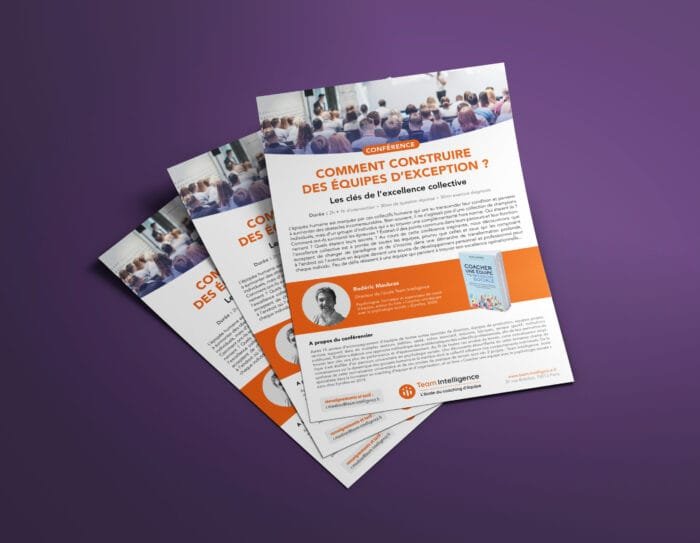Conference brochure on exceptional teams, designed by the Comhit agency in Paris, with a modern purple background.