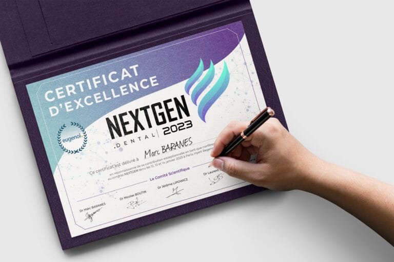 Certificat personnalisé, design élégant pour congrès dentaire, création par Comhit, agence de branding à Paris.