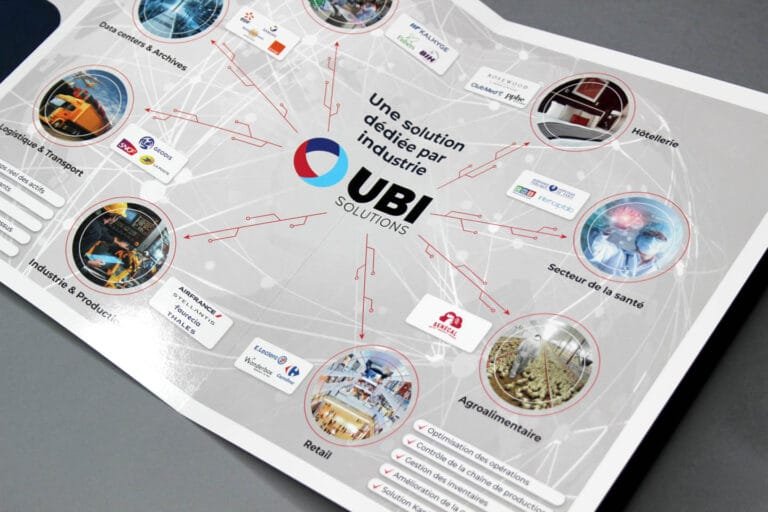 Brochure de design graphique pour UBI Solutions par Comhit Paris, illustrant les secteurs industriels et les services offerts.