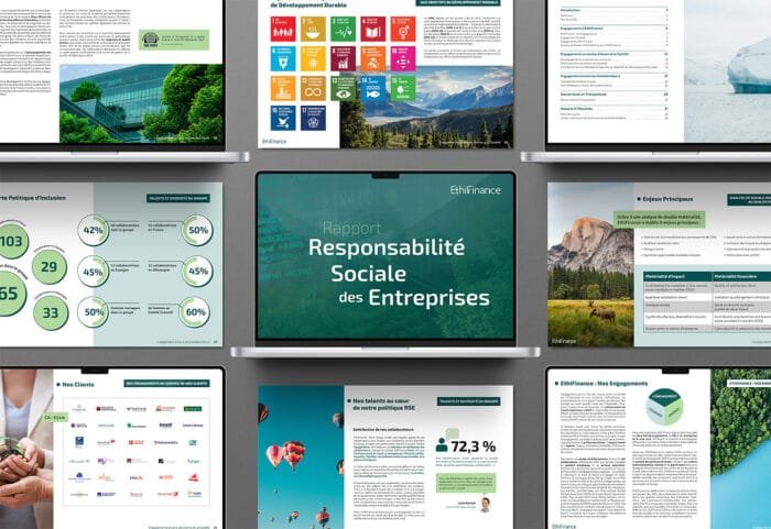 Presentación del informe de RSC de EthiFinance por Comhit, París, con un diseño moderno y efectos visuales cautivadores para las empresas.