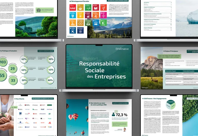 Presentation of EthiFinance's CSR report by Comhit, Paris, with modern design and captivating visuals for business.