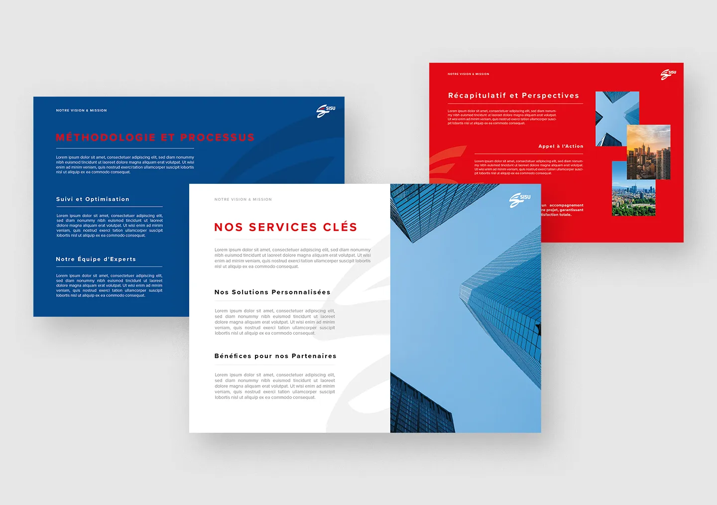 Brochures modernes de Comhit Paris illustrant les services de branding et design web, avec des tons bleus et rouges.