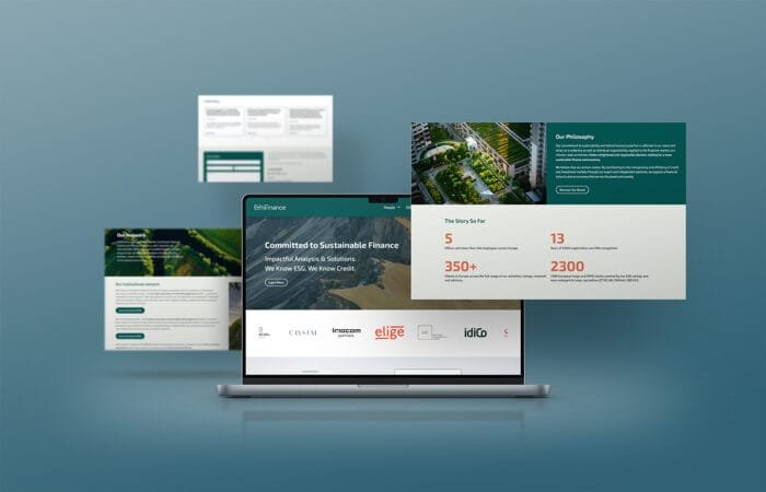 Diseño de un sitio web moderno para Ethifinance por la agencia Comhit, destacando las finanzas sostenibles y ESG.