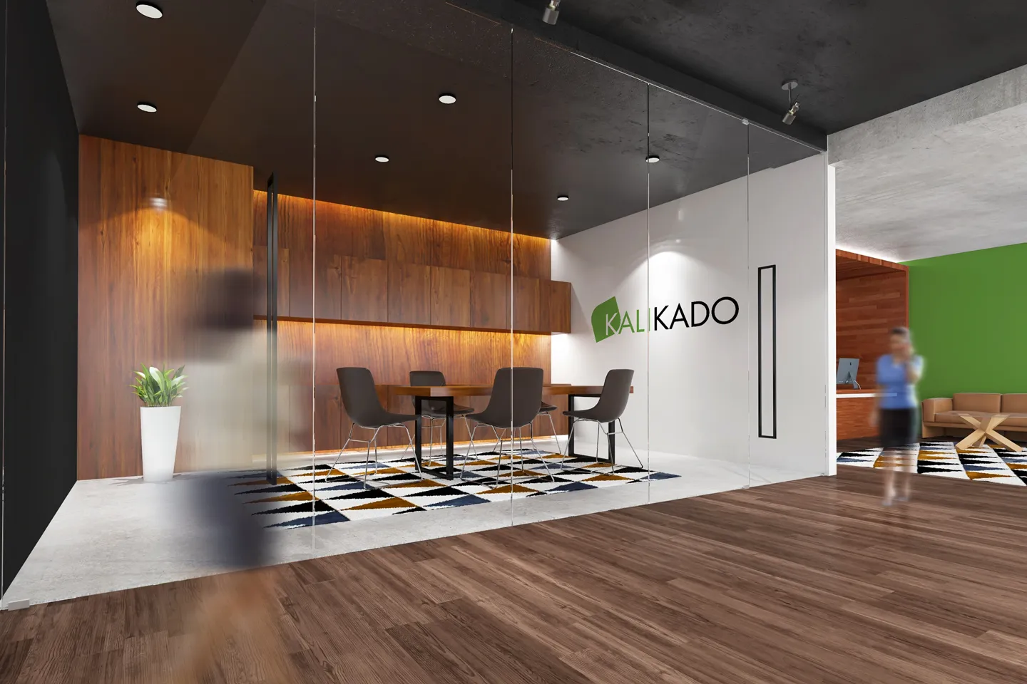 Salle de réunion moderne avec design intérieur en bois, créée par l'agence de branding parisienne Comhit.