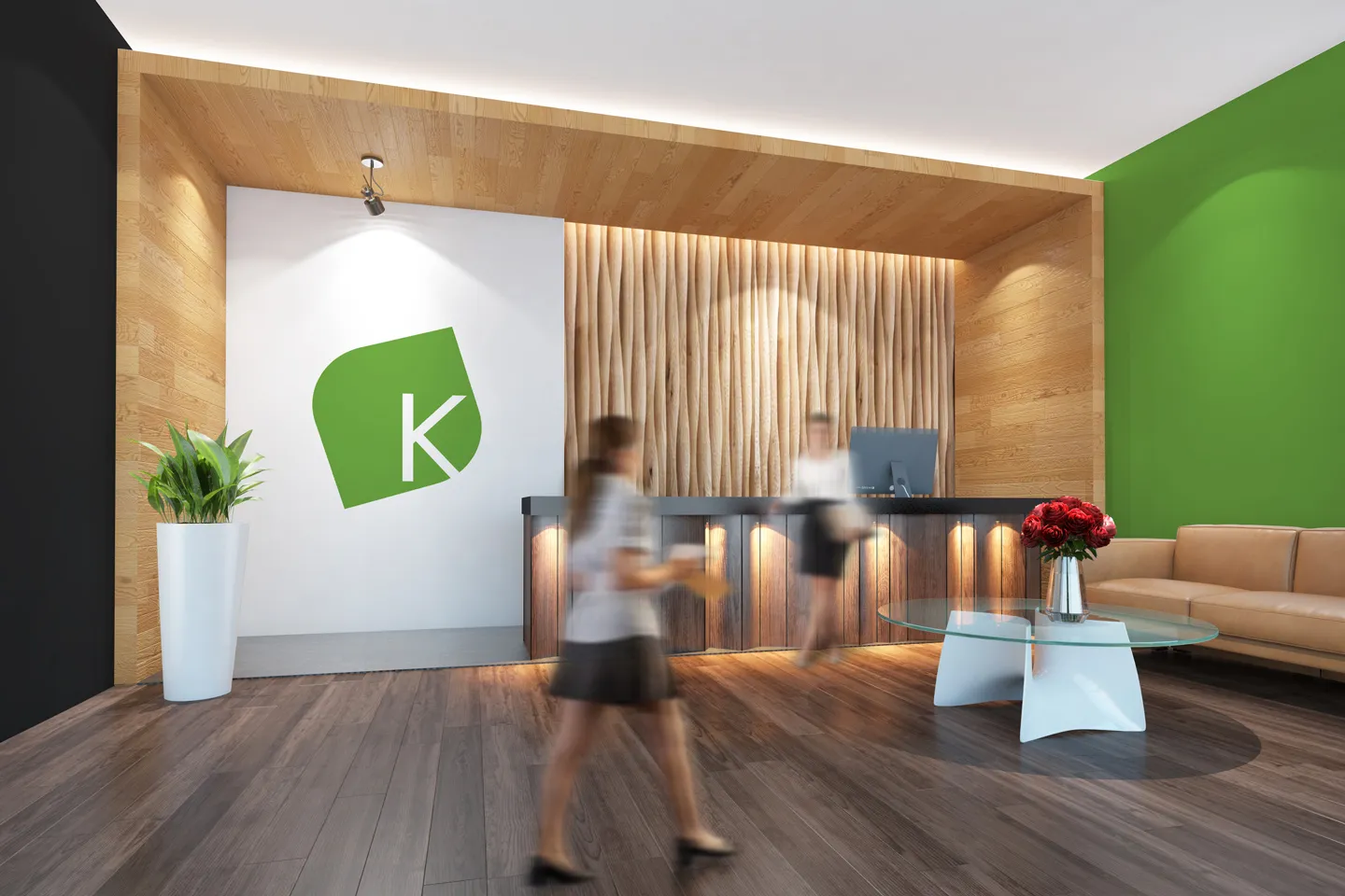 Design d’intérieur moderne d’une réception avec logo vert, par Comhit, agence de branding à Paris.