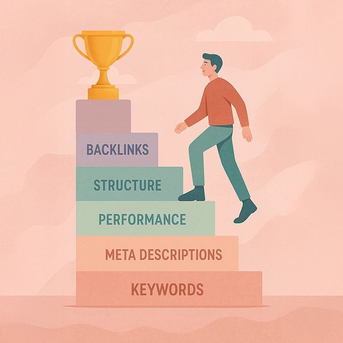 Homme gravissant des marches de SEO vers un trophée, illustrant l'importance des backlinks et mots-clés pour Comhit Paris.
