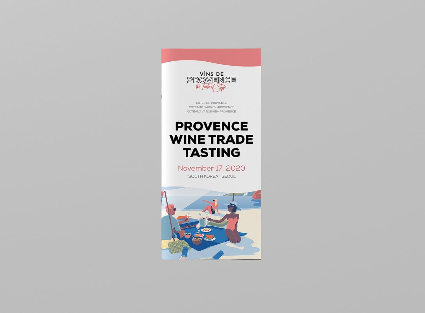 Provence wine tasting leaflet, modern design, picnic illustration. Created by Comhit, Paris.