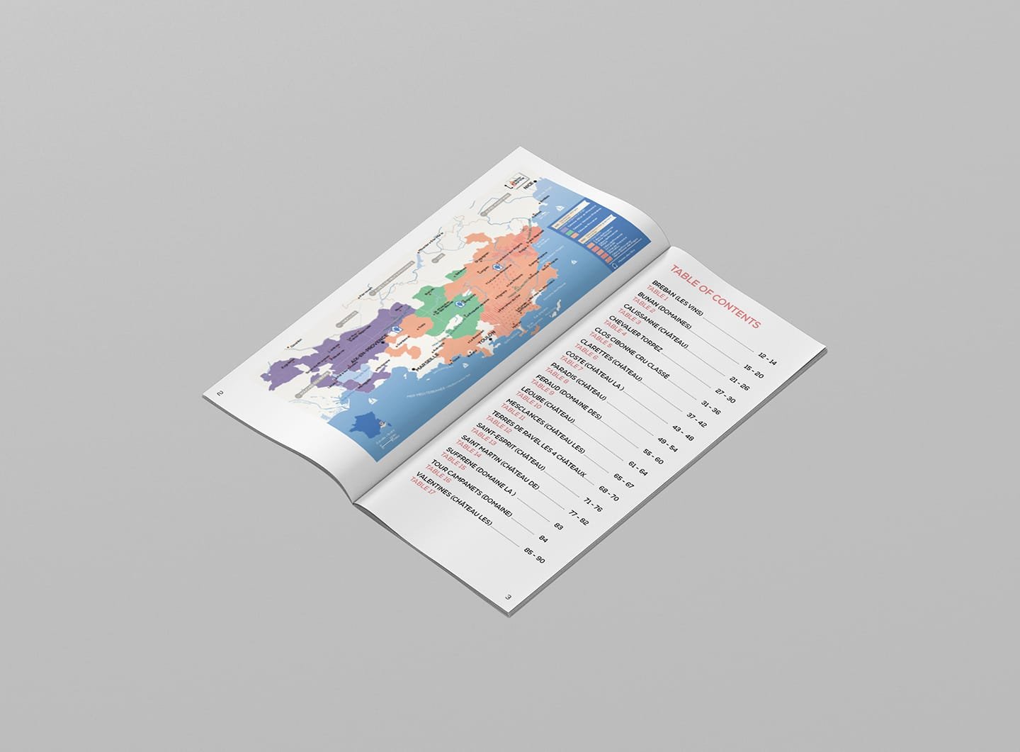 Comhit brochure with colourful map and table of contents, showing expertise in graphic design and visual communication.