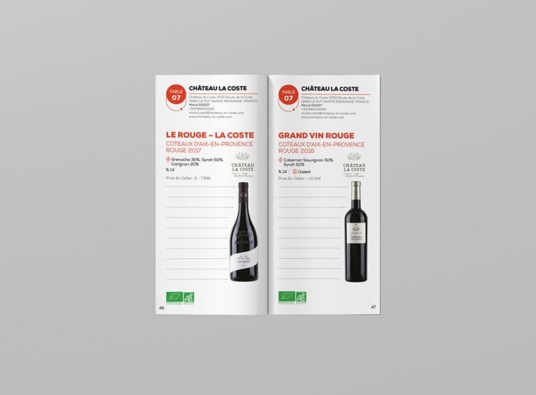 Design de brochure élégante pour Château La Coste par l'agence Comhit, mettant en valeur des vins raffinés de Provence.