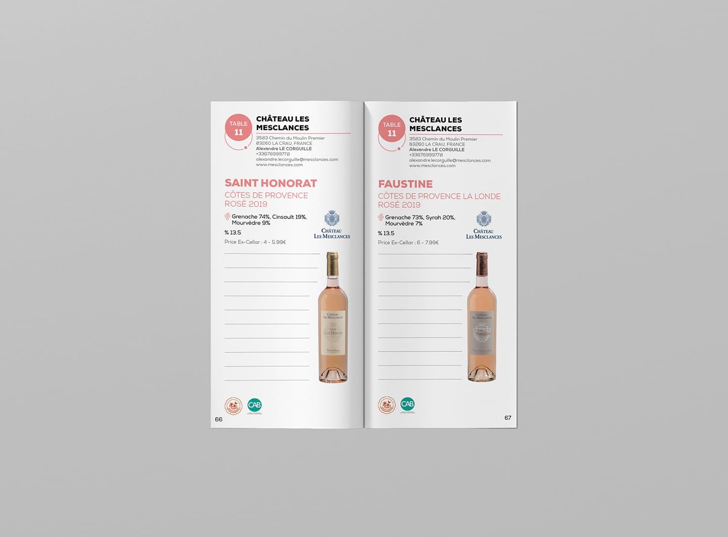 Elegant design catalogue for Château Les Mesclances rosé wines, produced by the Paris branding agency Comhit.