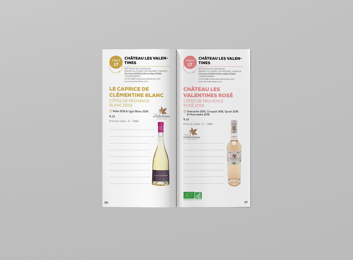 Presentation of bottles of Château Les Valentines wine designed by the branding agency Comhit, Paris.