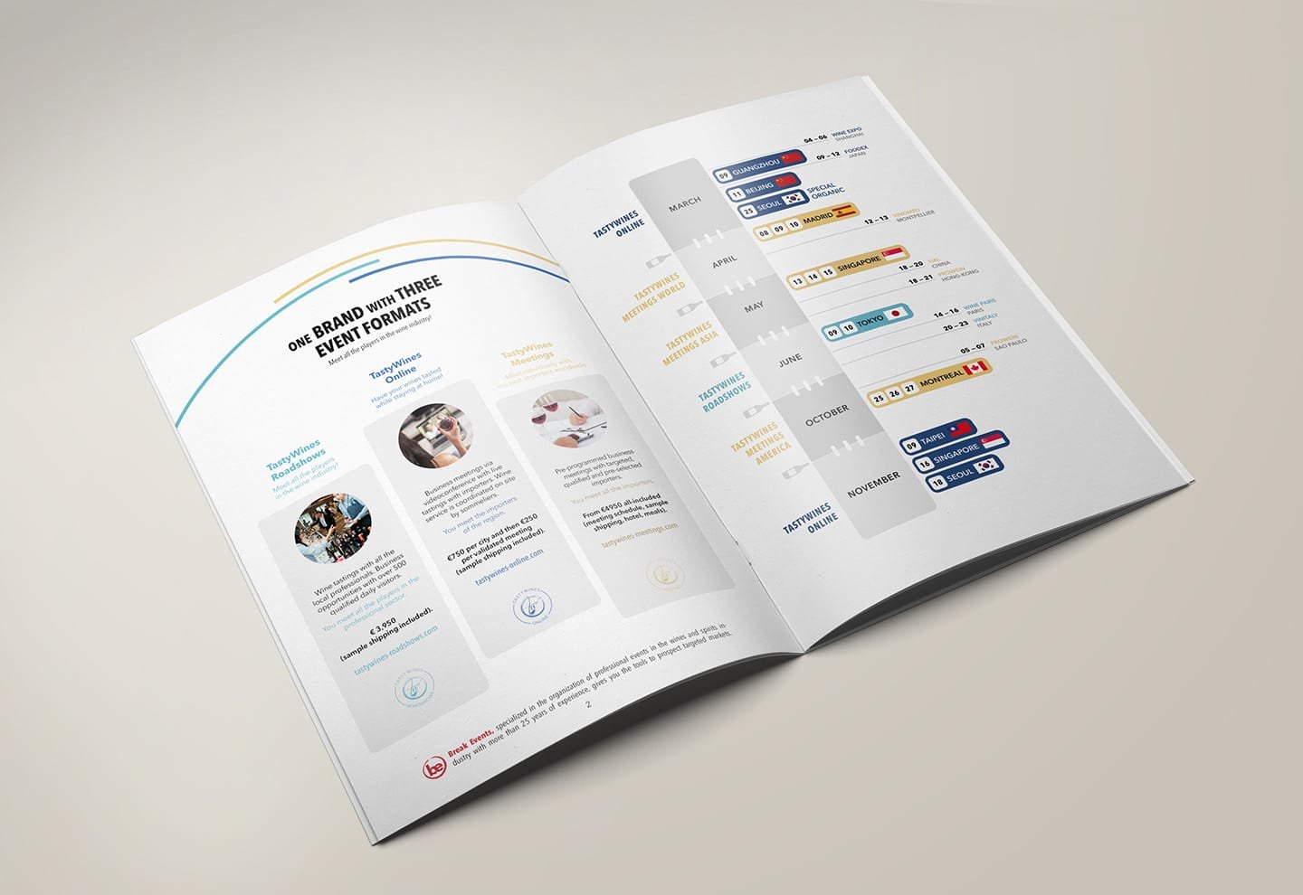 Brochure de design d'événements par l'agence Comhit, Paris, illustrant formats et calendrier visuellement attractifs.