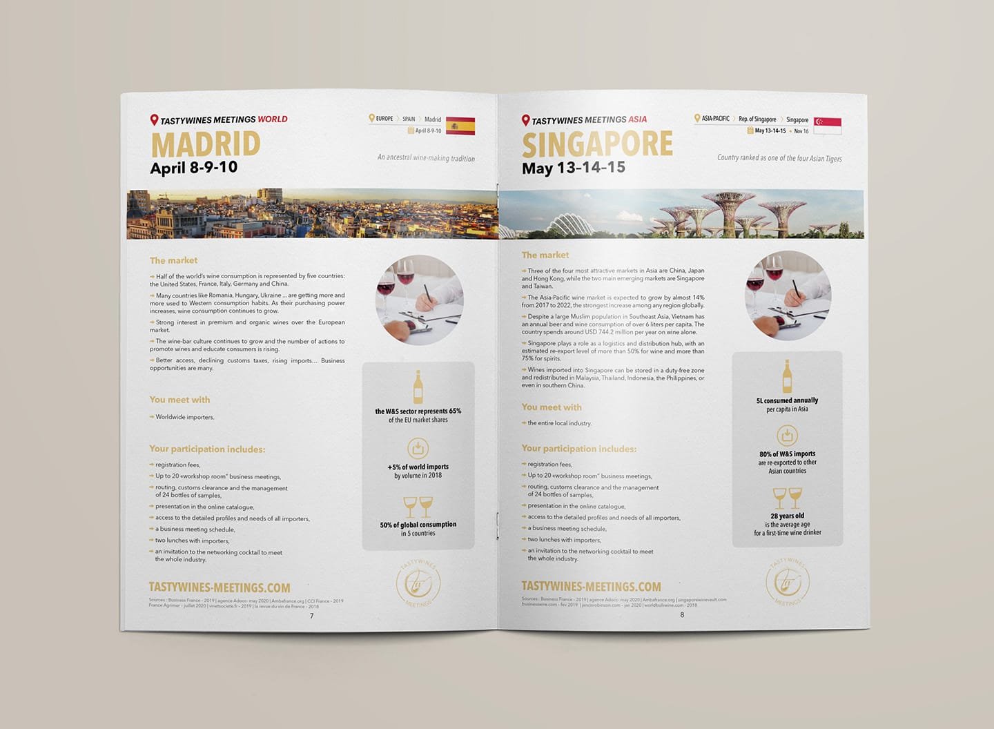 Brochure de réunion sur le vin, conçu par Comhit, Paris, présentant des événements à Madrid et Singapour.