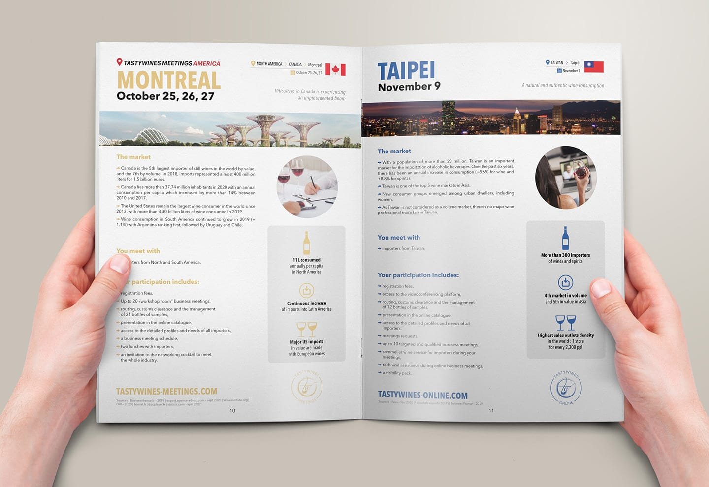 Brochure de conférence sur le vin, design professionnel par l'agence parisienne Comhit, présentant Montréal et Taipei.