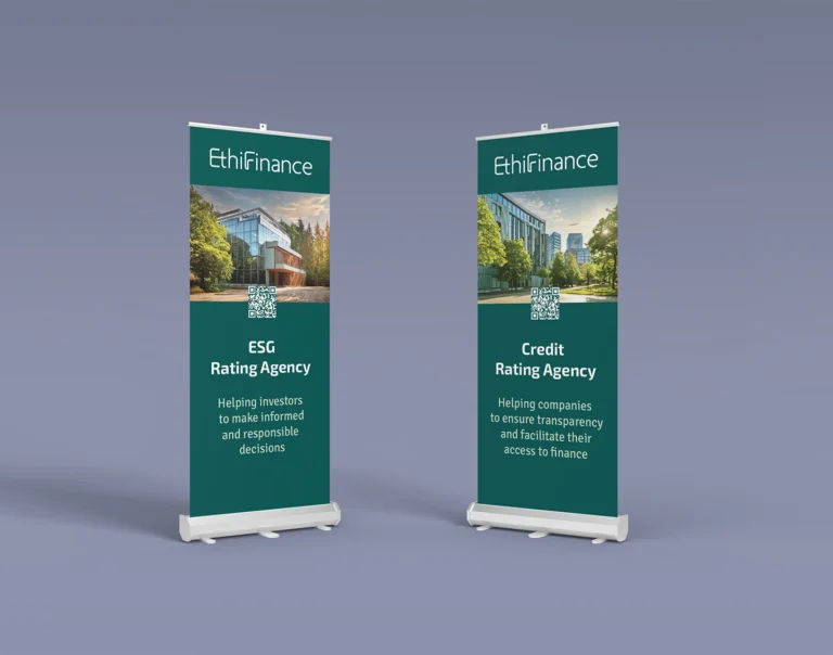 Roll-up design for Ethifinance created by the Comhit agency, highlighting the ESG and credit rating agency.