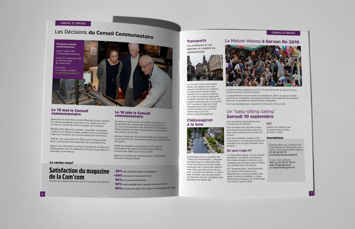 Brochure professionnelle ouverte de Comhit, agence de branding à Paris, illustrant des projets de communication visuelle.