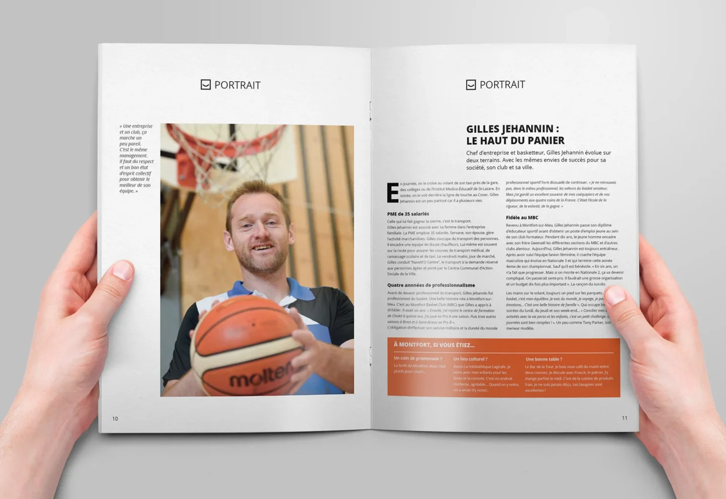 Magazine ouvert montrant un article de portrait avec un joueur de basket, conçu par l'agence de branding parisienne Comhit.