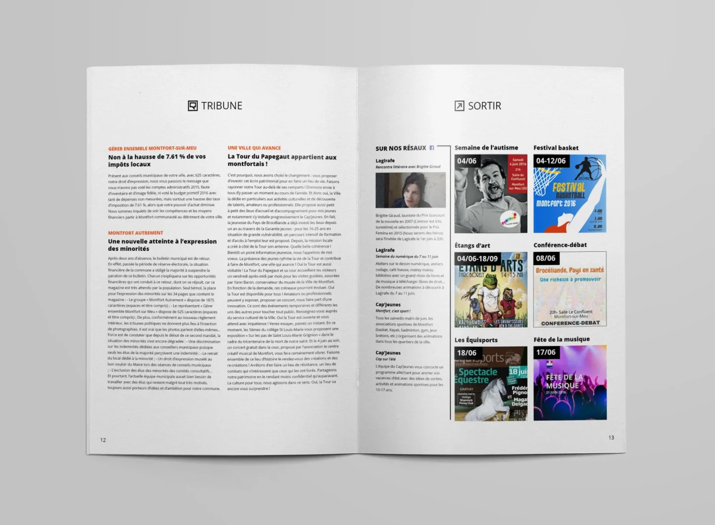 Prospectus de magazine bicolore avec mises en page modernes, conçu par l'agence de branding parisienne Comhit.