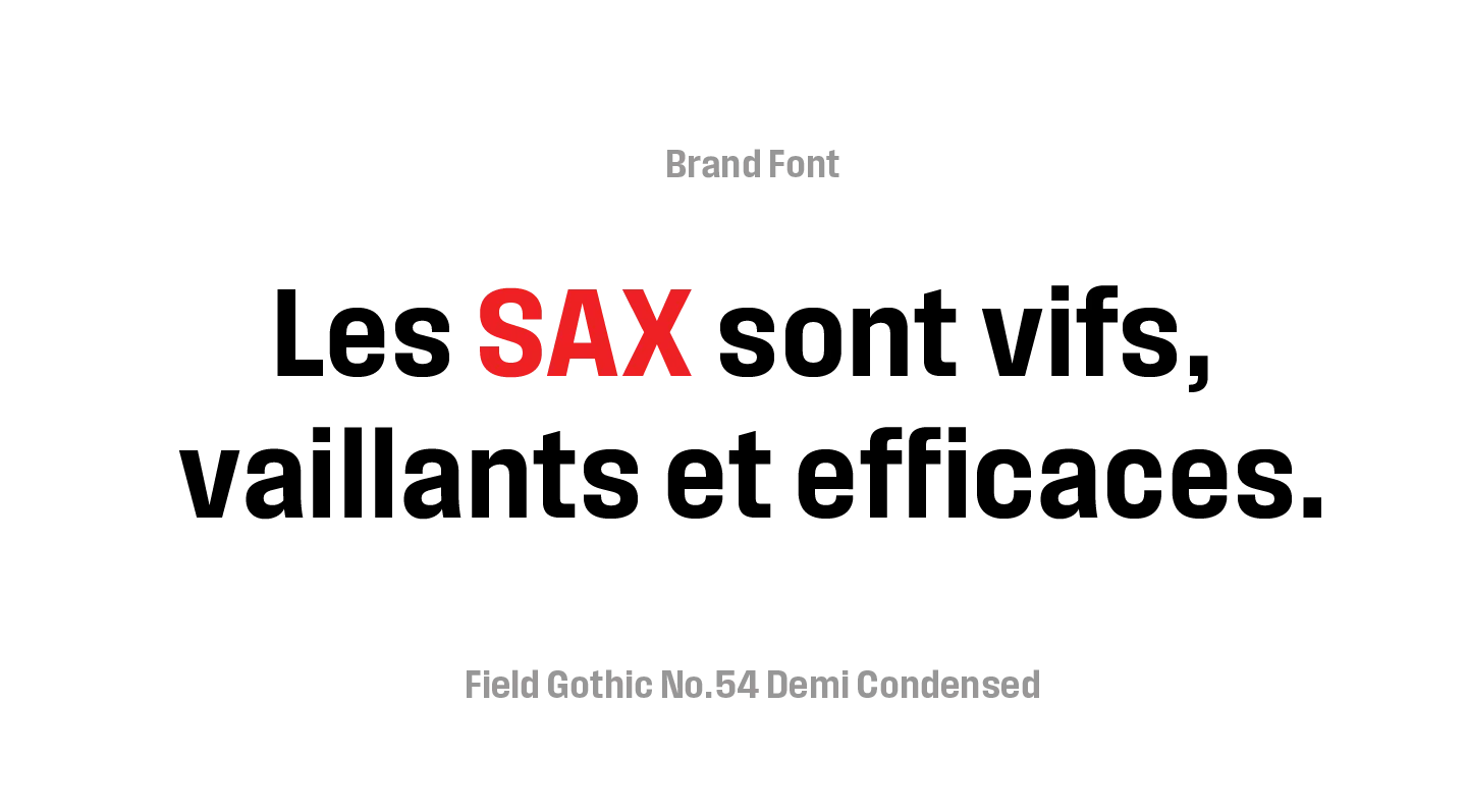 Texte design graphique avec mise en avant du mot SAX en rouge par Comhit, agence de branding à Paris.
