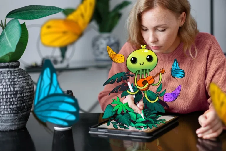 Jeune femme créant une illustration numérique colorée sur tablette, projet créatif de design graphique pour Comhit Paris.