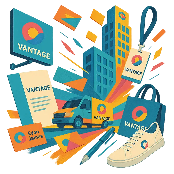 Identité visuelle colorée pour Vantage, conçue par Comhit Paris: affichage, papeterie, véhicules et marketing digital.