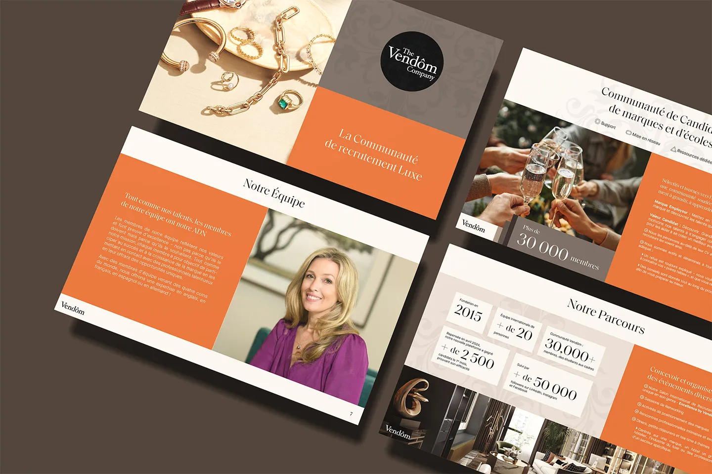 Portfolio branding Comhit: design élégant pour la brochure de Vendôm, agence de recrutement de luxe.