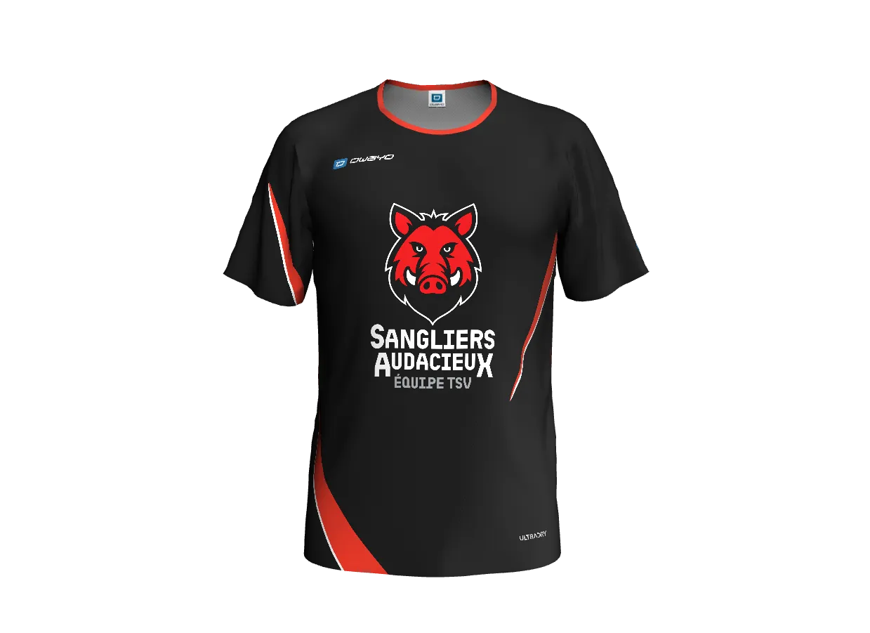 Maillot d'équipe noir avec logo sanglier rouge et texte Sangliers Audacieux, design par l'agence Comhit, Paris.