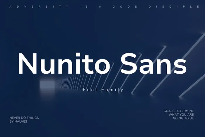 Typographie moderne Nunito Sans sur fond bleu, conception par l'agence de branding Comhit à Paris, France.