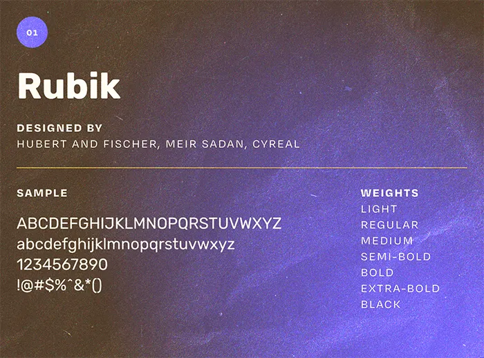 Échantillon de police Rubik avec variations de poids, idéal pour projets de design graphique et d'identité visuelle.