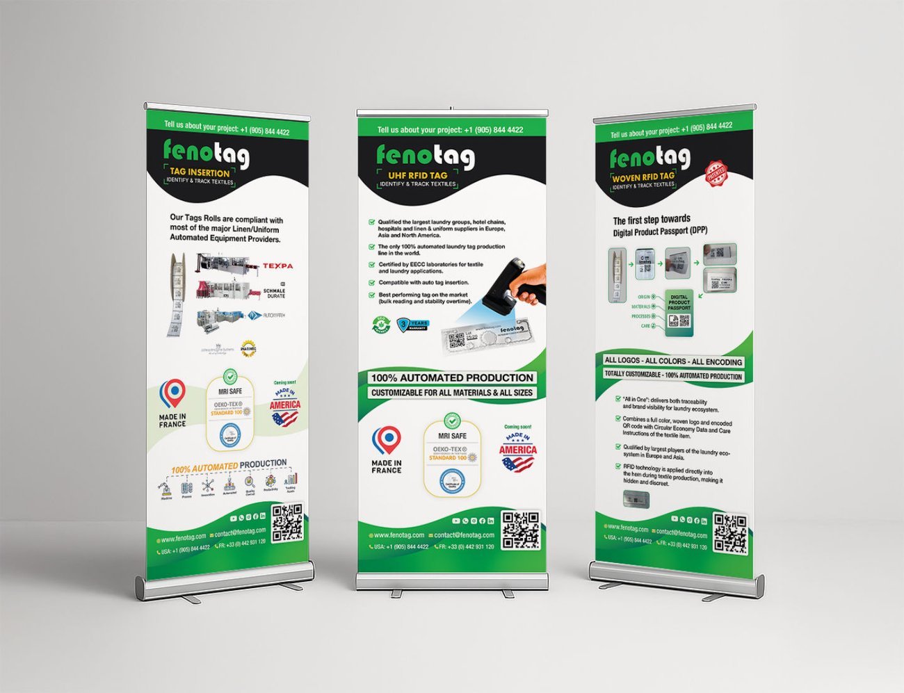 Bannières publicitaires modernes pour Fenotag, affichant solutions RFID et branding efficace en design graphique innovant.